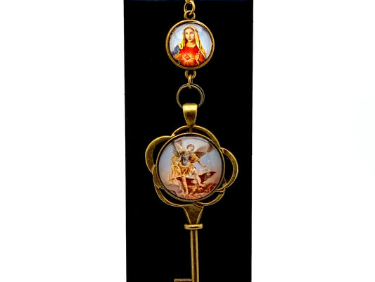 Saint Michael and The Immaculate Heart unique rosary beads key shaped brass picture medal key fob with brass clasp.
