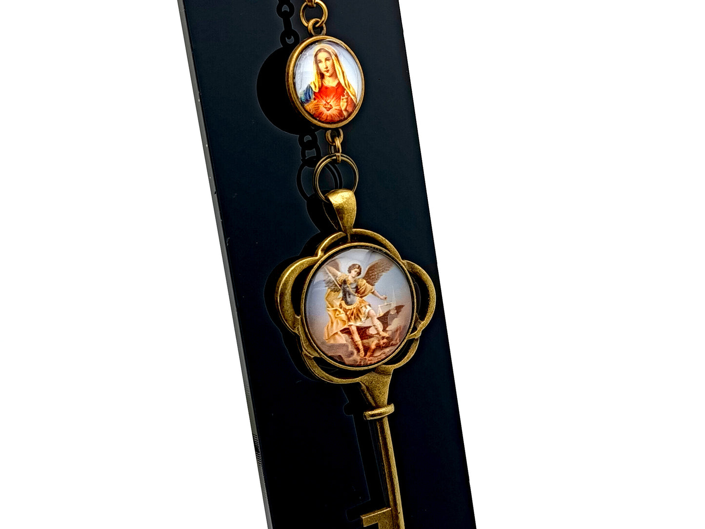 Saint Michael and The Immaculate Heart unique rosary beads key shaped brass picture medal key fob with brass clasp.
