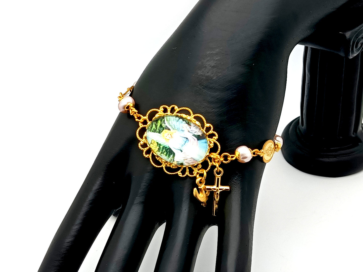 Guardian Angel unique rosary beads freshwater pearl bracelet with gold Miraculous medals and Holy Spirit medal.