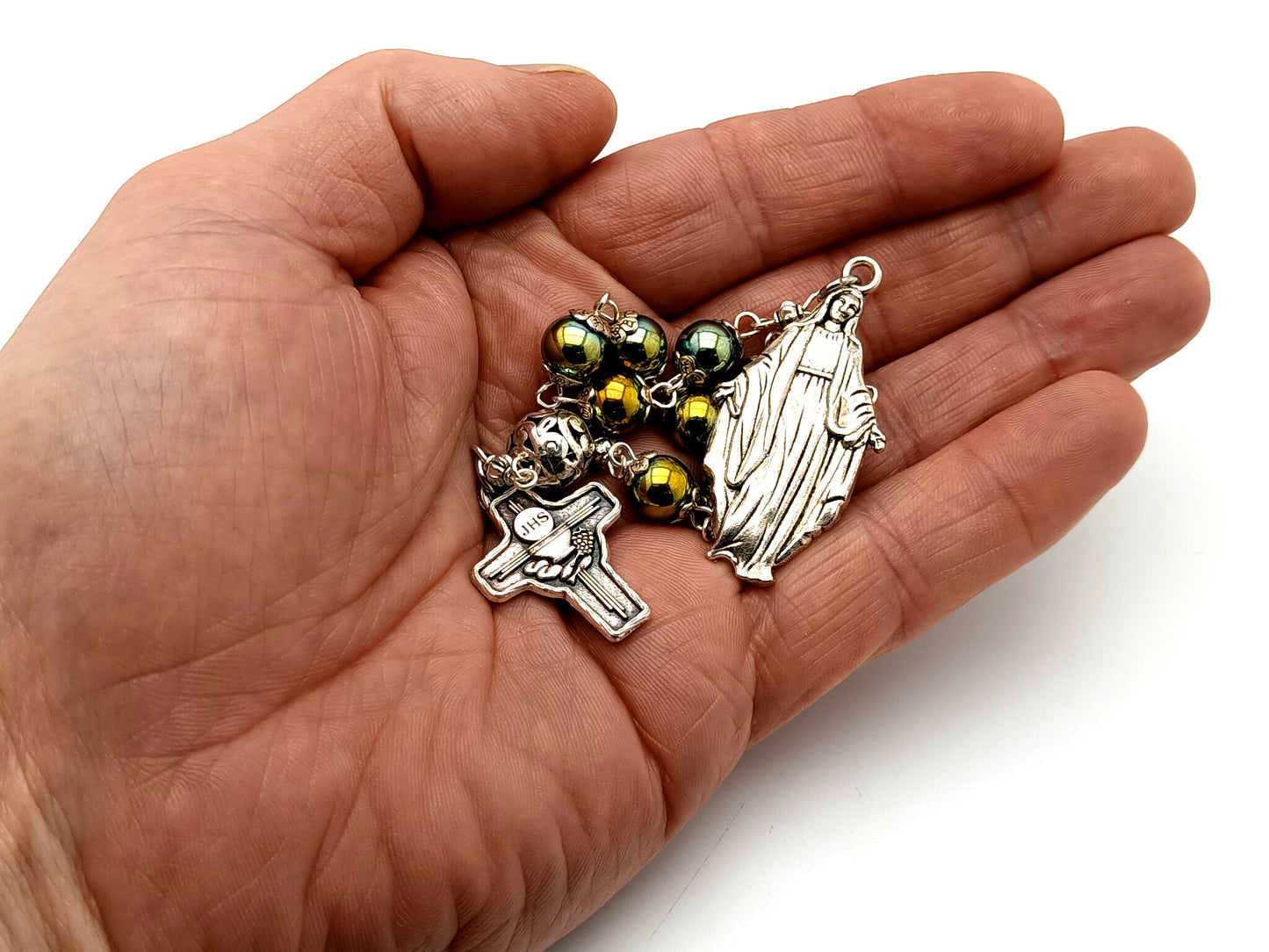 Our Lady of Grace gemstone single decade rosary beads with Holy Communion cross medal.