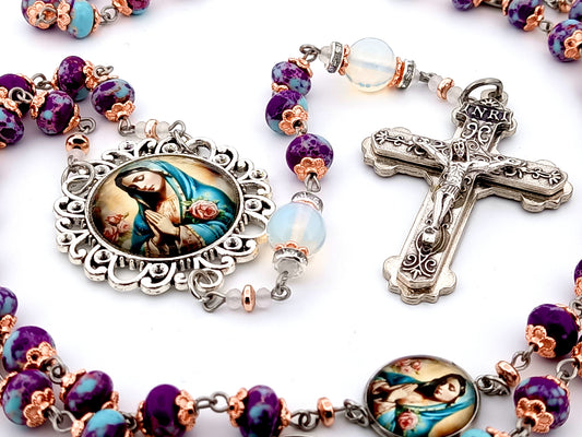 Virgin Mary unique rosary beads rondelle jasper gemstone rosary beads with scroll design crucifix.