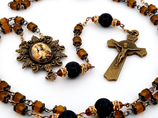 Vintage style unique rosary beads Immaculate Heart glass rosary beads with brass Saint Benedict crucifix.