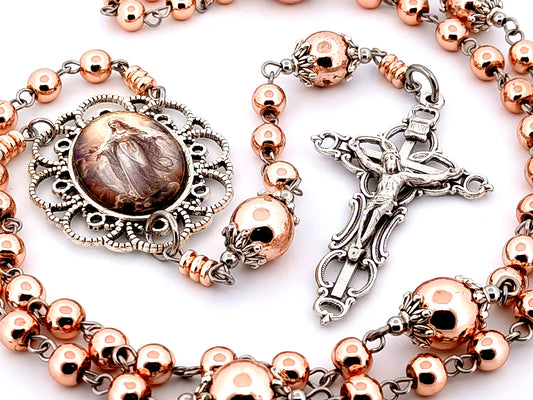 The Ascension of Mary unique rosary beads rose gold gemstone rosary beads with scroll design crucifix.