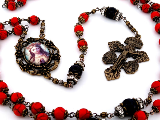 Vintage style Our Lady Queen of Heaven unique rosary beads gemstone rosary beads with brass pardon crucifix.