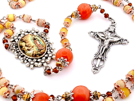 Our Lady of Guadalupe and Saint Juan Diego unique rosary beads gemstone rosary beads with silver crucifix.