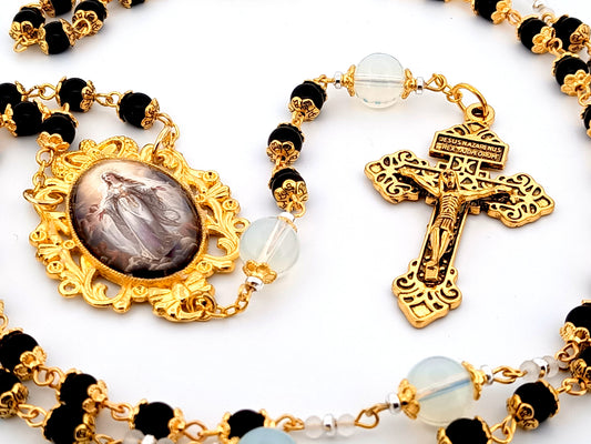 The Assumption of Mary unique rosary beads onyx and opal gemstone rosary beads with antique gold pardon crucifix.