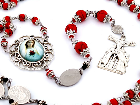 Our Lady of Sorrows unique rosary beads Servite dolor gemstone prayer chaplet beads with foot of The Cross crucifix.