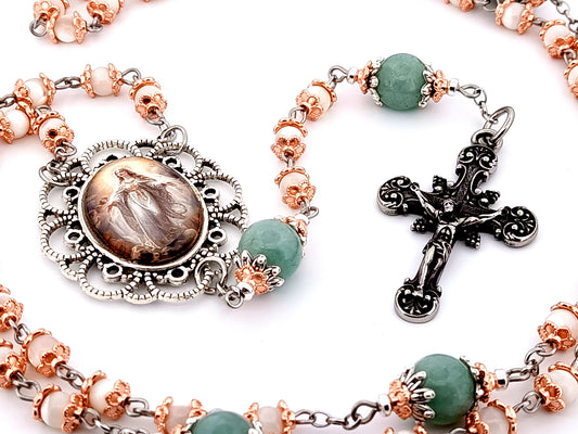 The Ascension of Mary unique rosary beads mother of pearl gemstone rosary beads with antique style grape crucifix.