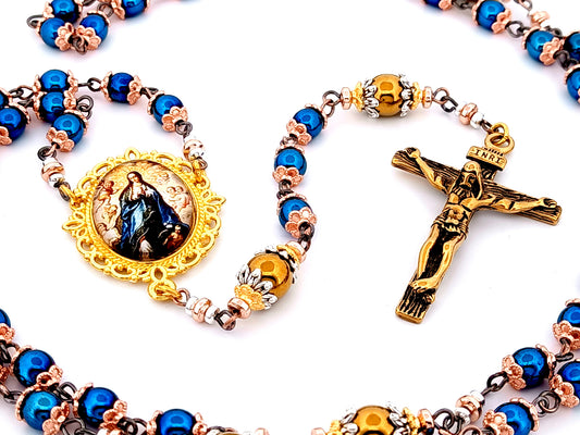 Mary and The Angels unique rosary beads hematite gemstone rosary beads with antique style crucifix.