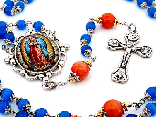 Our Lady of Guadalupe unique rosary beads heirloom glass and gemstone rosary beads with four basilica crucifix.