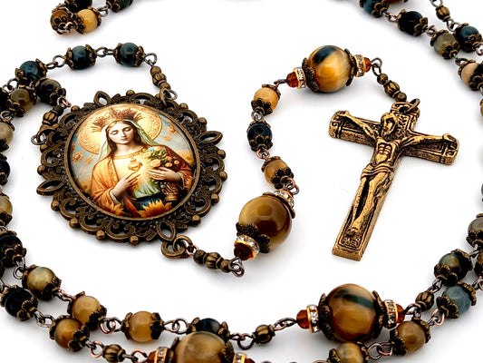 Our Lady Queen of Heaven unique rosary beads tigers eye gemstone rosary beads with solid brass crucifix.