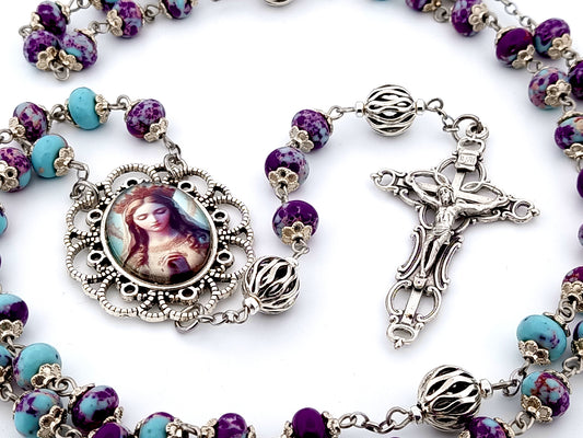 Our Lady Queen of Heaven unique rosary beads jaspers rondelle gemstone rosary beads with scroll crucifix and lattice beads.