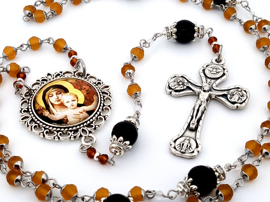 Our Lady of Guadalupe unique rosary beads heirloom glass and gemstone rosary beads with four basilica crucifix.