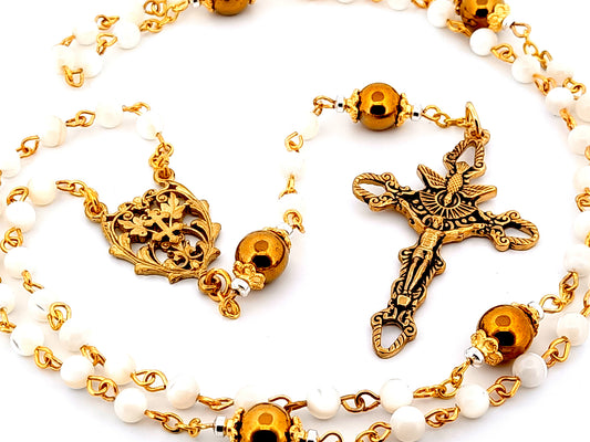 Holy Spirit unique rosary beads gemstone and mother of pearl rosary beads with antique style gold crucifix.