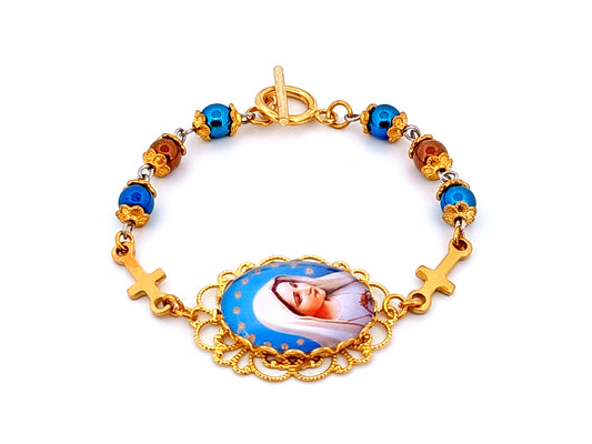 Our Lady Crowned with twelve stars unique rosary beads gemstone bracelet with gold linking crosses.