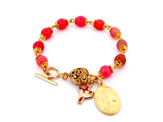 Our Lady of Mount Carmel and The Sacred Heart unique rosary beads gemstone single decade rosary bracelet with Holy spirit cross.
