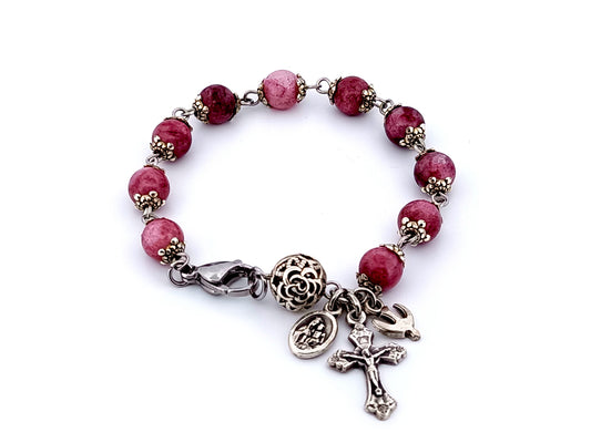 Brown Scapular and Holy Spirit unique rosary beads single decade gemstone rosary bracelet with sterling silver Our Father bead.