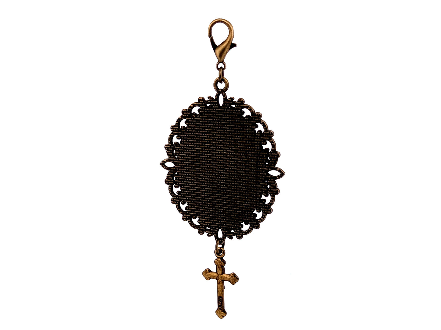 Large Immaculate Heart of Mary Queen of Heaven unique rosary beads domed picture medal key fob with small crucifix.