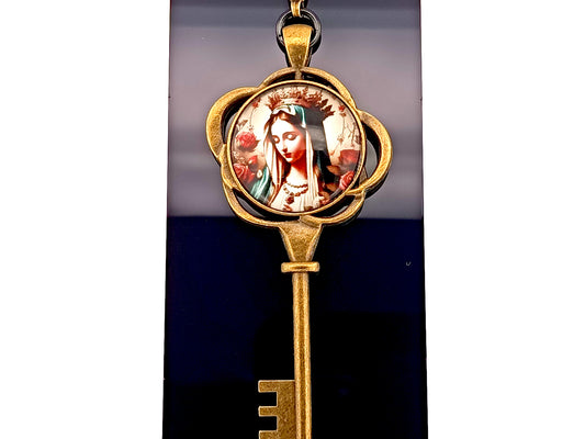 Our Lady Queen of Heaven unique rosary beads key shaped brass picture medal key fob with large brass clasp.