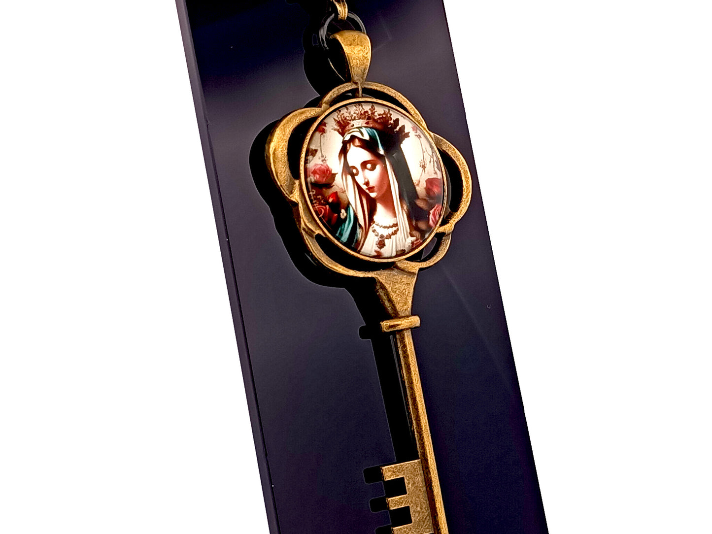Our Lady Queen of Heaven unique rosary beads key shaped brass picture medal key fob with large brass clasp.