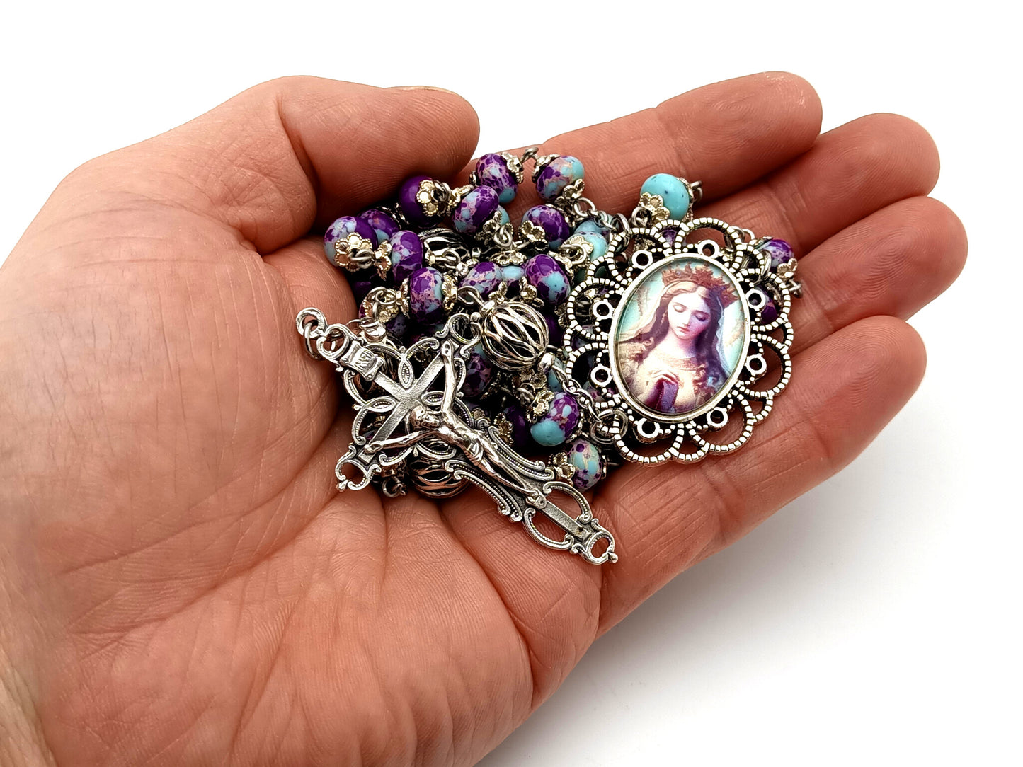 Our Lady Queen of Heaven unique rosary beads jaspers rondelle gemstone rosary beads with scroll crucifix and lattice beads.