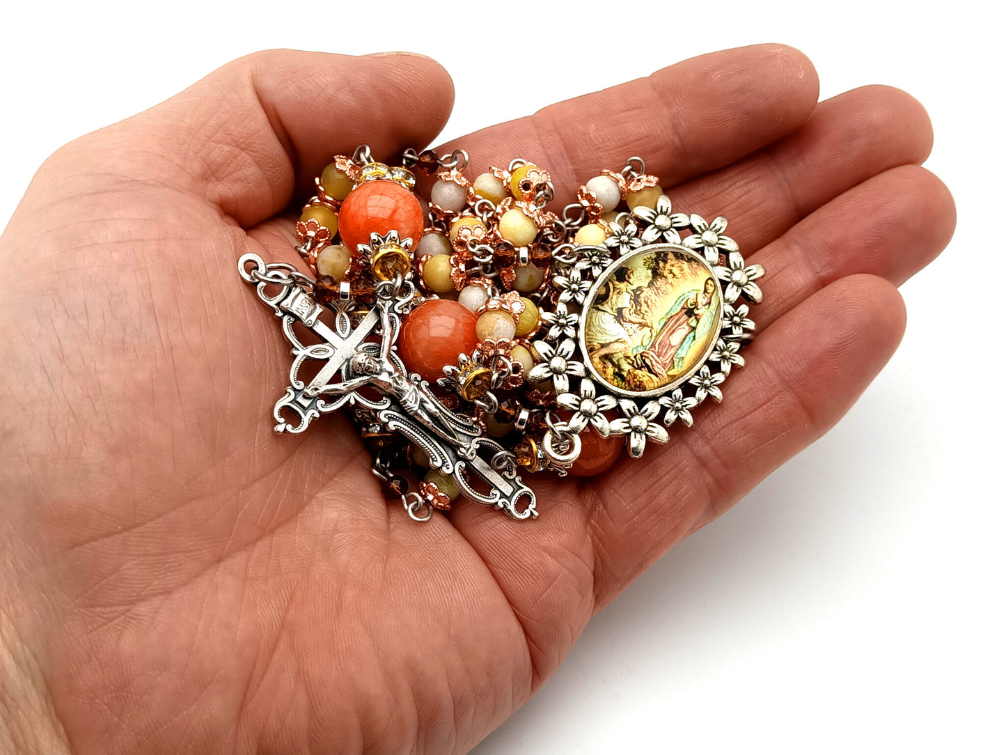 Our Lady of Guadalupe and Saint Juan Diego unique rosary beads gemstone rosary beads with silver crucifix.