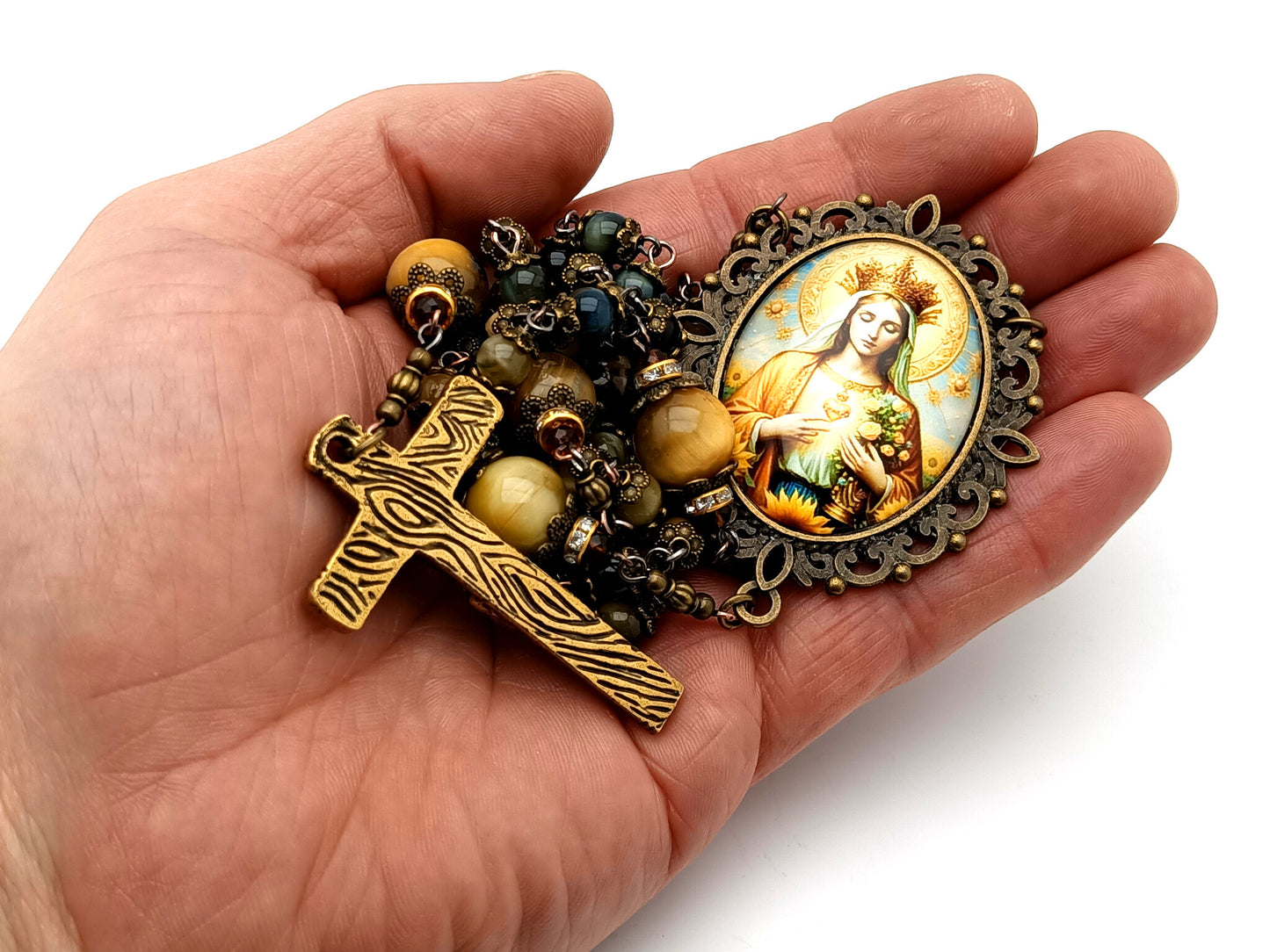 Our Lady Queen of Heaven unique rosary beads tigers eye gemstone rosary beads with solid brass crucifix.