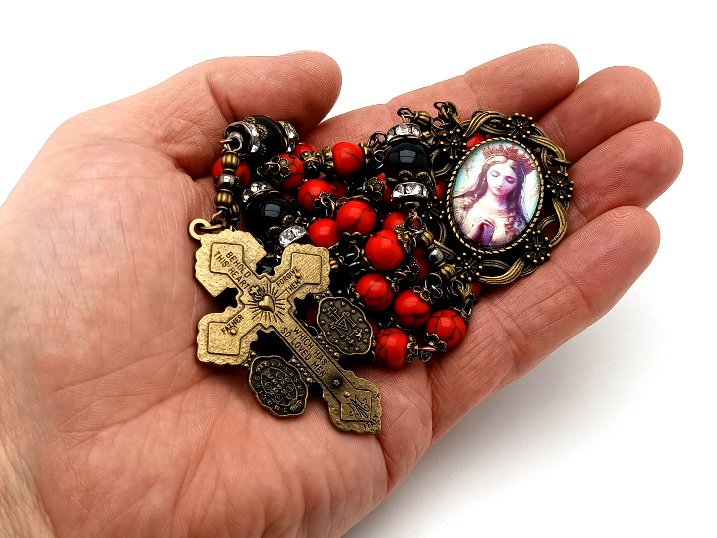 Vintage style Our Lady Queen of Heaven unique rosary beads gemstone rosary beads with brass pardon crucifix.