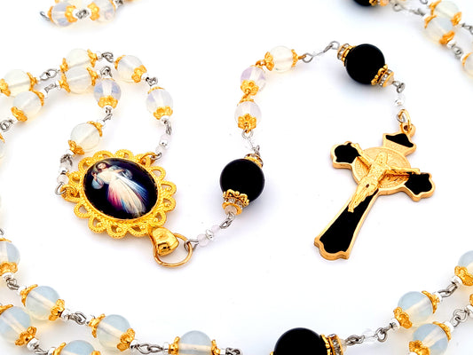 Divine Mercy unique rosary beads opal and onyx gemstone rosary beads with enamel Saint Benedict crucifix.