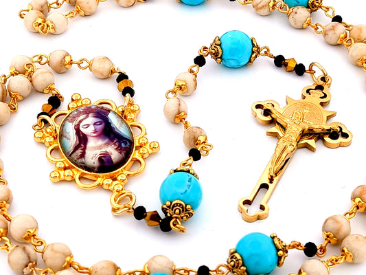 Our Lady Queen of Heaven unique rosary beads gemstone rosary beads with stainless steel Saint Benedict crucifix.