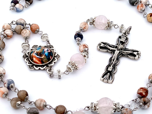 The Visitation of Mary unique rosary beads jasper and opal gemstone rosary beads with Lily crucifix.