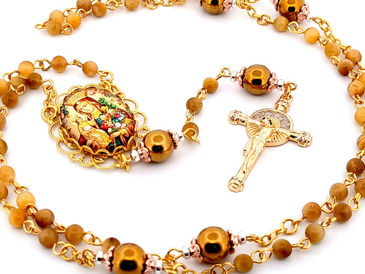 Our Lady of Perpetual Succor unique rosary beads tigers eye gemstone rosary beads with sunburst crystal crucifix.