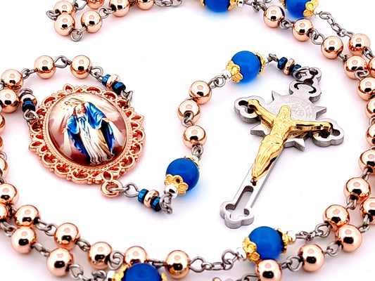 Our Lady of Grace unique rosary beads rose gold gemstone rosary beads with Saint Benedict crucifix.