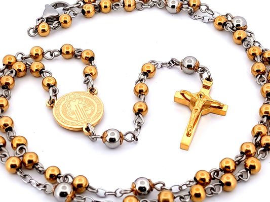 Saint Benedict unique rosary beads gold plated stainless steel wearable rosary bead necklace with Saint Benedict Crucifix.