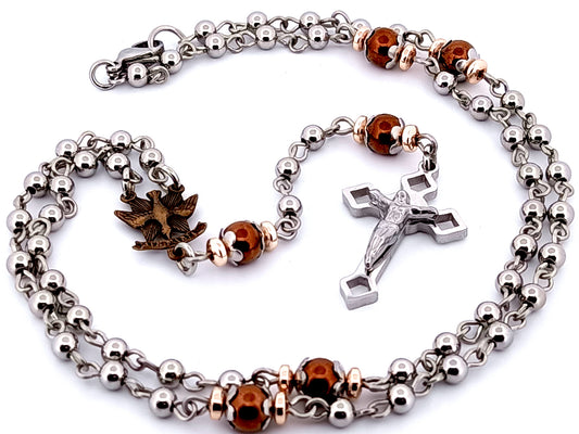 Holy Spirit unique rosary beads gemstone and stainless steel miniature wearable rosary bead necklace with Saint Benedict Crucifix.