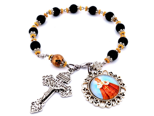 Infant of Prague unique rosary beads onyx gemstone large single decade rosary beads with pardon crucifix.