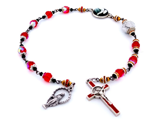 Holy Spirit unique rosary beads glass pocket prayer chaplet with Our Lady of Grace medal and Holy Ghost crucifix.