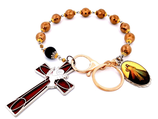 Divine Mercy unique rosary beads large gemstone single decade rosary beads with enamel Holy Spirit cross.