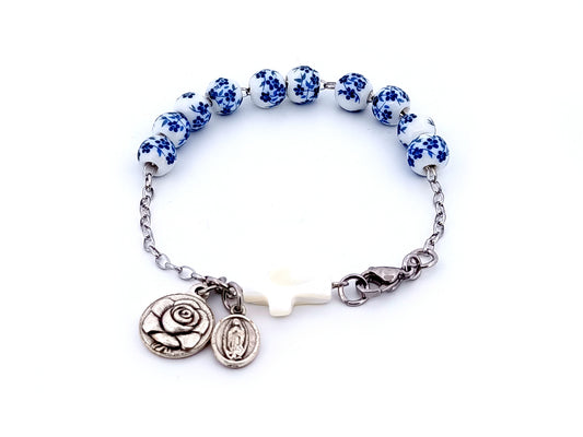 Saint Theresa of Lisieux unique rosary beads porcelain single decade rosary bracelet with mother of pearl cross.