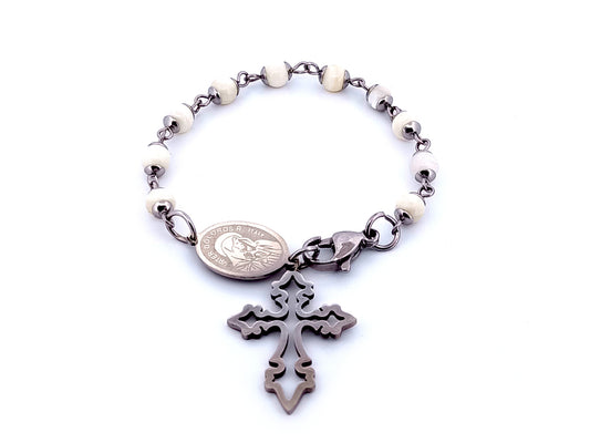 Our Lady of Sorrows unique rosary beads mother of pearl gemstone single decade rosary bracelet with linking cross.