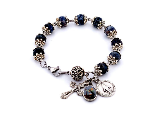 Saint Rita sodalite unique rosary beads gemstone single decade rosary bracelet with Miraculous medal.