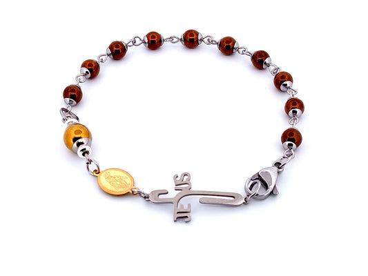 Our Lady of Grace unique rosary beads men's gemstone single decade rosary bracelet with linking cross.