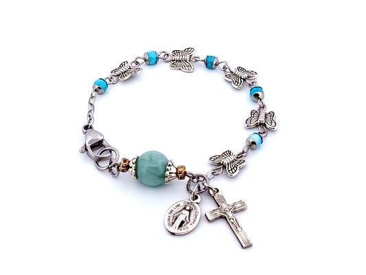 Miraculous medal unique rosary beads gemstone and butterfly single decade rosary bracelet.