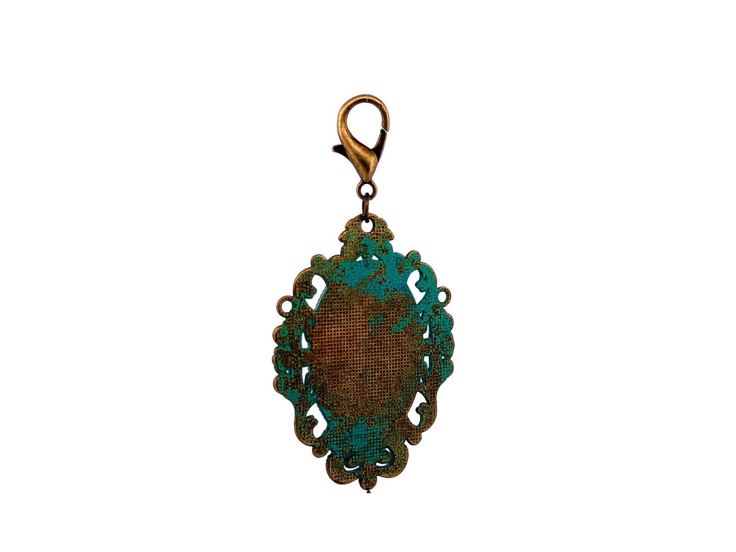 Our Lady of Fatima unique rosary beads large verdigris medal key fob with brass lobster clip.