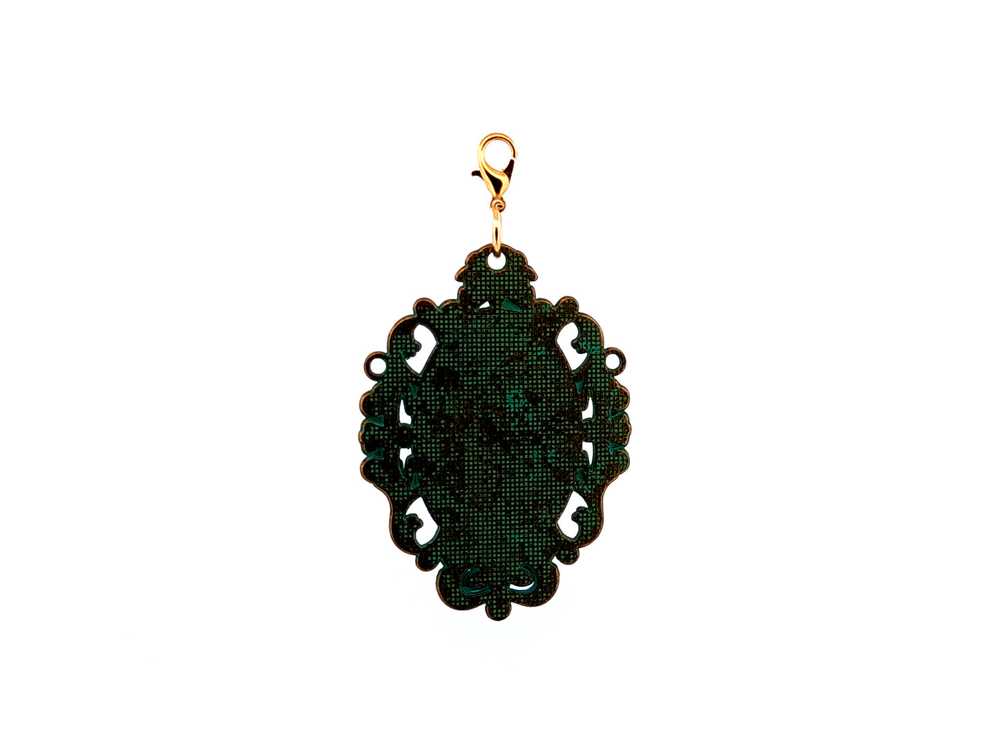 Our Lady of Guadalupe unique rosary beads large verdigris medal key fob with gold plated lobster clip.