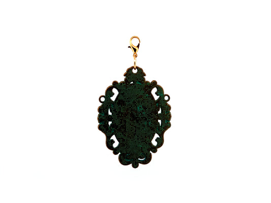 Our Lady of Guadalupe unique rosary beads large verdigris medal key fob with gold plated lobster clip.