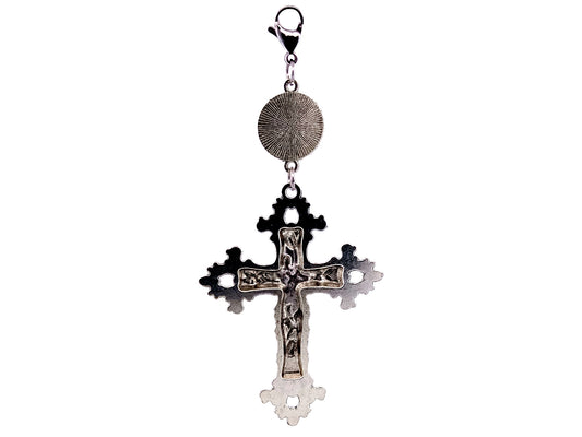 Our Lady of Grace domed medal with floral cross key fob with lobster clasp.