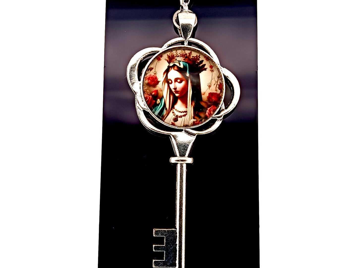 Our Lady Queen of Heaven unique rosary beads key shaped picture medal key fob with large silver lobster clasp.
