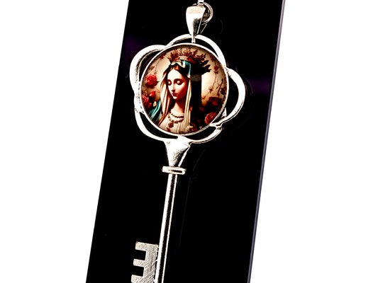 Our Lady Queen of Heaven unique rosary beads key shaped picture medal key fob with large silver lobster clasp.