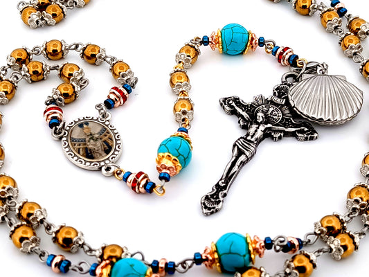 Our Lady of the Pillar unique rosary beads gemstone rosary with stain steel Crucifix and shell pendant.